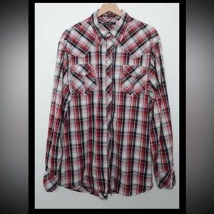 TIN HAUL WESTERN SHIRT MENS SZ XL PLAID PEARL SNAP LONG SLEEVE Cowboy Rockabilly